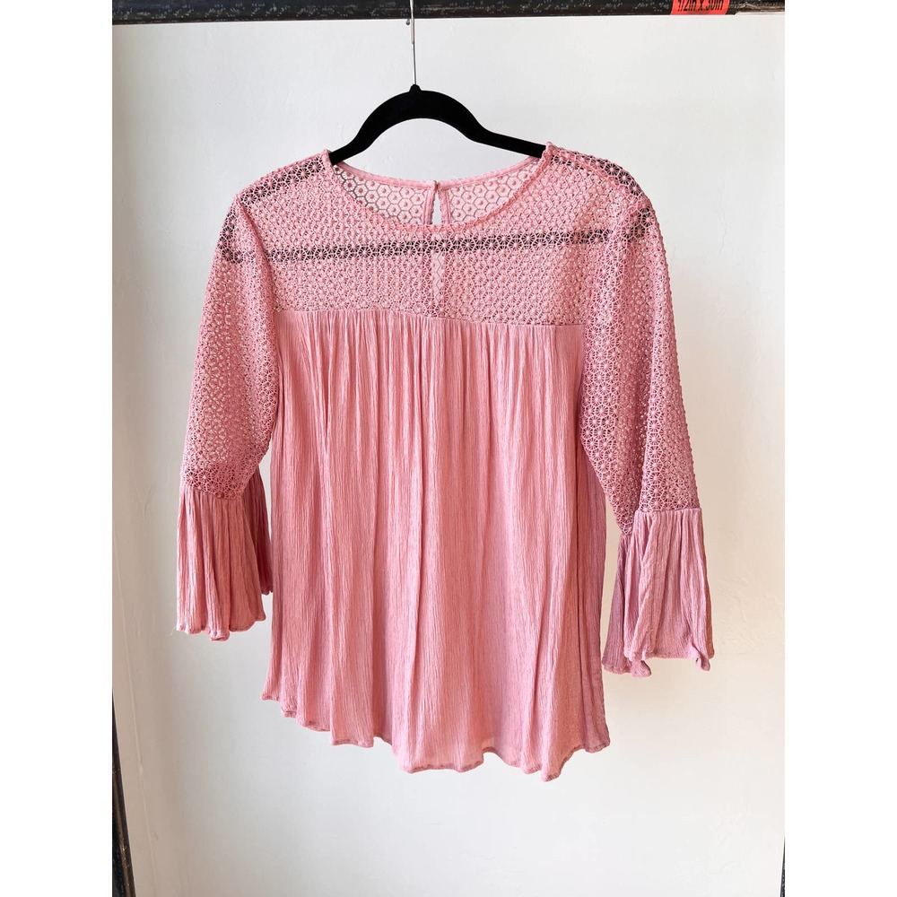 LOFT Women's Pink Lace Yoke Half Bell Hem Sleeve Boho Flowy Blouse size S/M